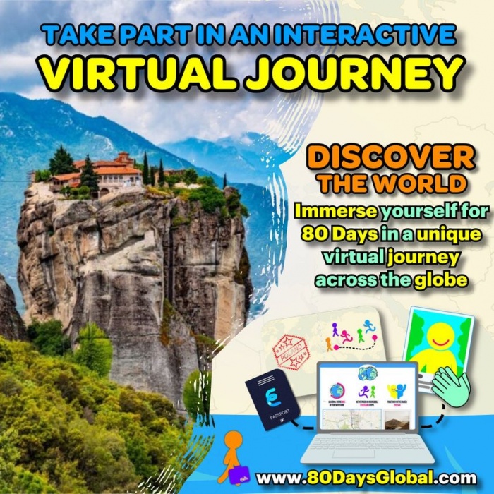 Image shows a building perched on a cliff. Text reads 'Take part in an interactive virtual journey. Discover the world. Immerse yourself for 80 days in a unique virtual journey across the globe.'